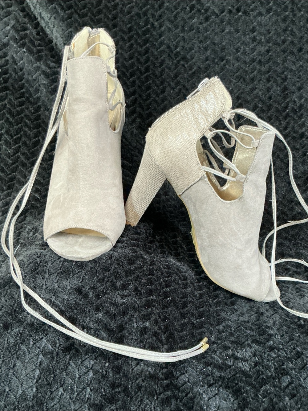 Women's Lace-Up Peep Toe High Heel Booties in Light Silver Gray